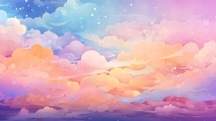 Obraz premium A surreal abstract sky design filled with colorful clouds in pastel tones and tiny star and circle motifs creating a peaceful yet vibrant scene