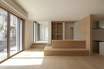 Obraz premium Modern Minimalist Home Interior Design With Wooden Furniture And Large Windows