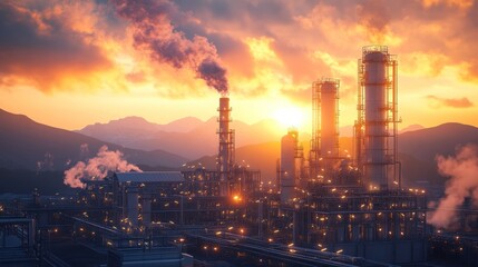 Naklejka premium Petrochemical plant at sunrise with steam rising from cooling towers and mountains in the background
