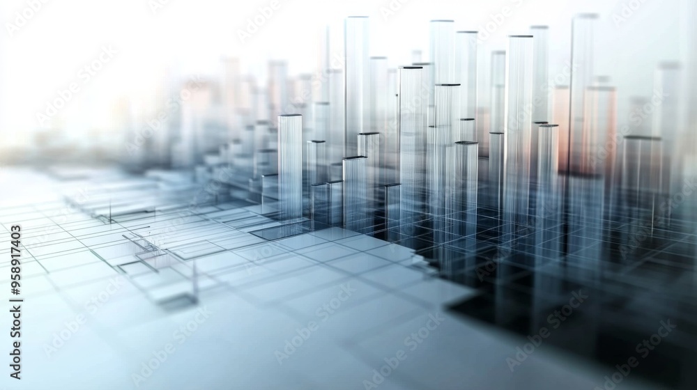 Poster A 3D chart with multiple layers of transparent bars rising from a grid, illustrating complex data trends in a visually striking manner.