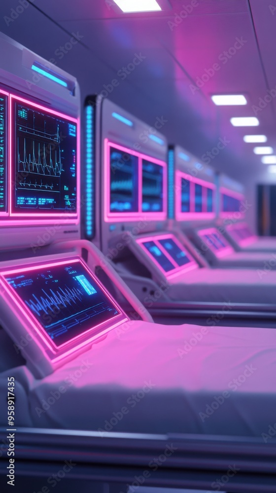 Poster a cyberpunk hospital ward where ai algorithms predict and prevent sepsis, with glowing interfaces an