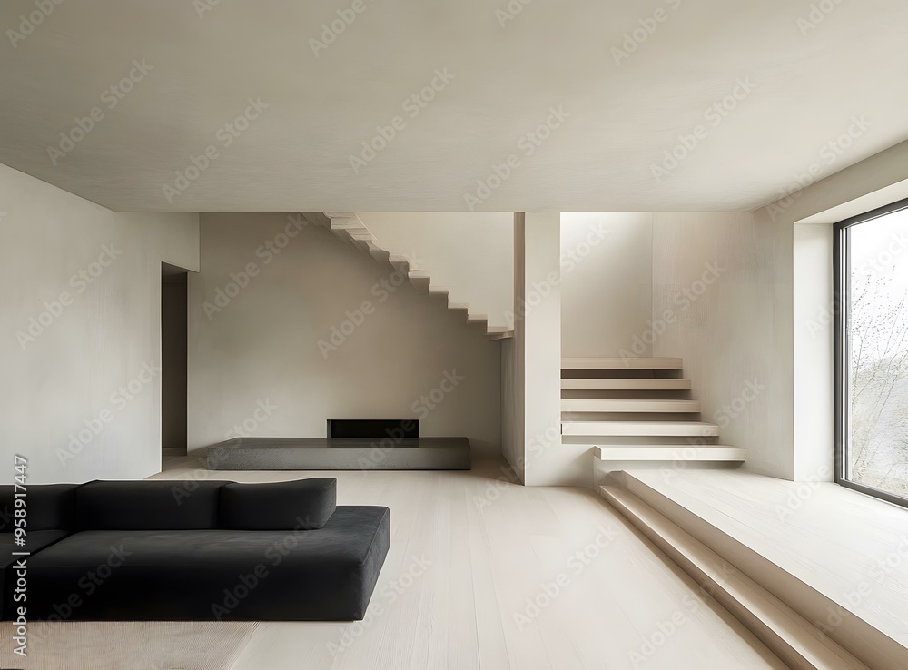 Sticker modern minimalist interior design with open staircase and large window