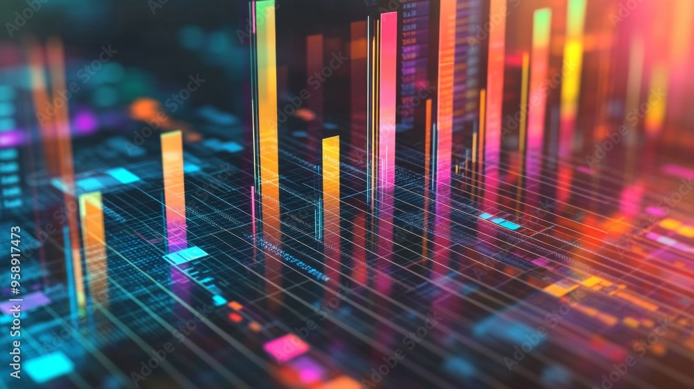 Aufkleber a 3d chart with multiple layers of transparent bars rising from a grid, illustrating complex data tr
