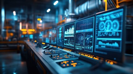 Fototapeta premium Interior of a petrochemical plant control room with multiple monitors showing live data across the facility