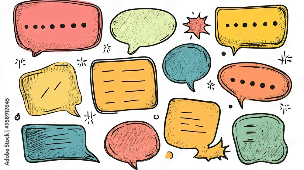 Aufkleber assorted speech bubble text boxes and message balloons in doodle style, featuring space for custom t
