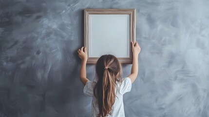 Girl hanging a frame on a gray wall