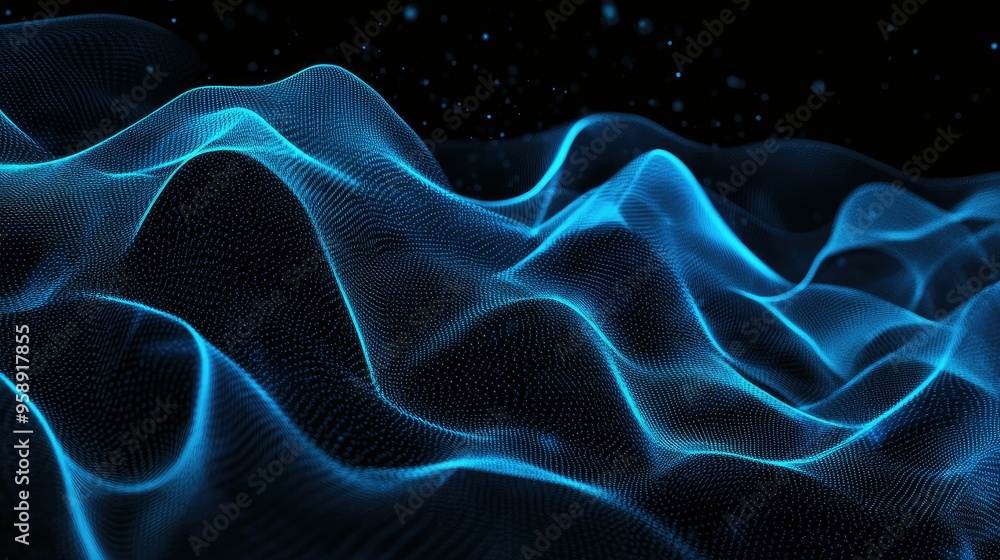 Poster black background with undulating blue lines of particles forming an abstract digital interface, idea
