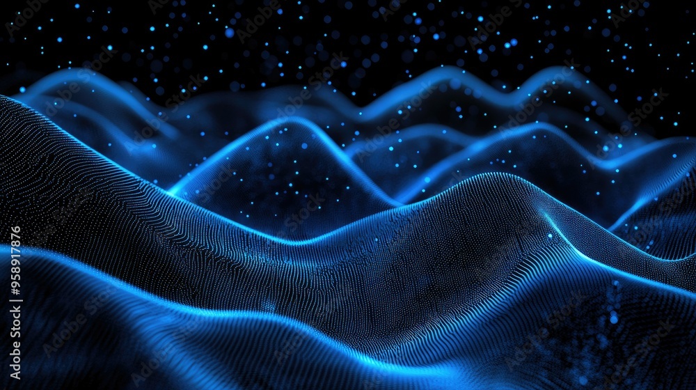 Poster black background with undulating blue lines of particles forming an abstract digital interface, idea