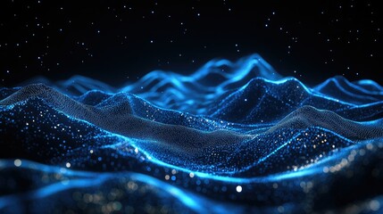Black background with horizontal blue particle lines that create a flowing 3D landscape, representing futuristic communication technology and digital design.