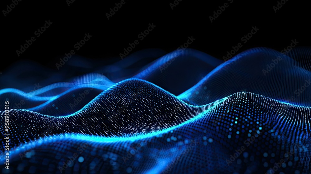 Poster black background with undulating blue lines of particles forming an abstract digital interface, idea