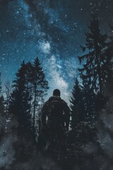 Naklejka premium A Soldier Reflecting under a Starry Sky at the Edge of a Peaceful Forest