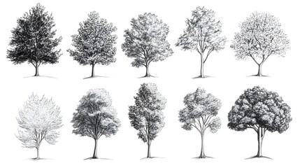 Hand drawn pencil sketch of different types of trees