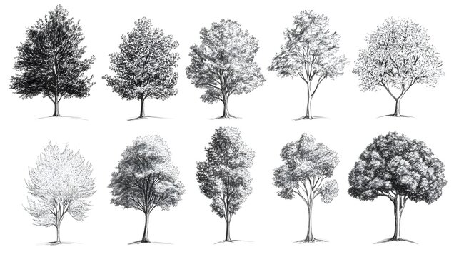 Hand drawn pencil sketch of different types of trees