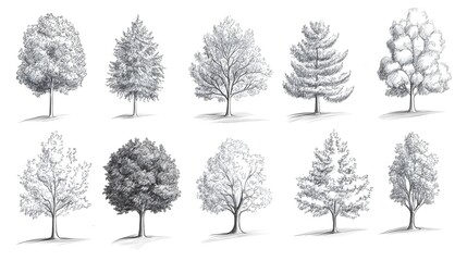 Hand drawn pencil sketch of different types of trees