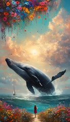 Fototapeta premium A whale Jumps out of the ocean at sunrise