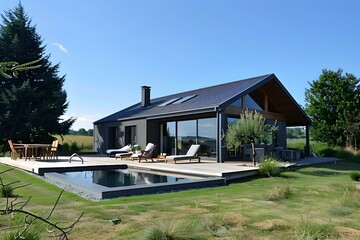 Naklejka premium Modern Black House with Swimming Pool in Countryside