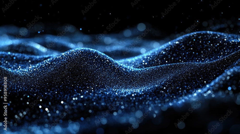Poster blue horizontal lines of particles creating a wavy effect on a black canvas, ideal for tech visuals 