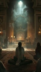 Solitary Figure Observing a Religious Ceremony at an Ancient Temple