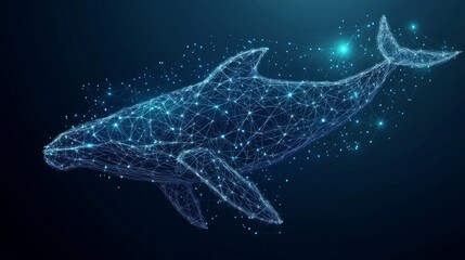 Blue whale composed of polygon. Marine animal digital concept. Low poly vector illustration of a starry sky or Comos. The whale consists of lines, dots and shapes. Wireframe light connection structure