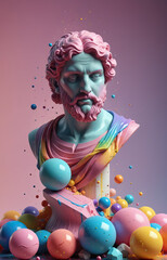 A colorful pop art painting of an ancient Greek bust, enhanced with paint splashes and vibrant...