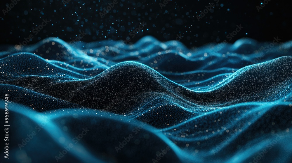 Poster blue horizontal lines of particles creating a wavy, undulating effect on a dark background, emphasiz