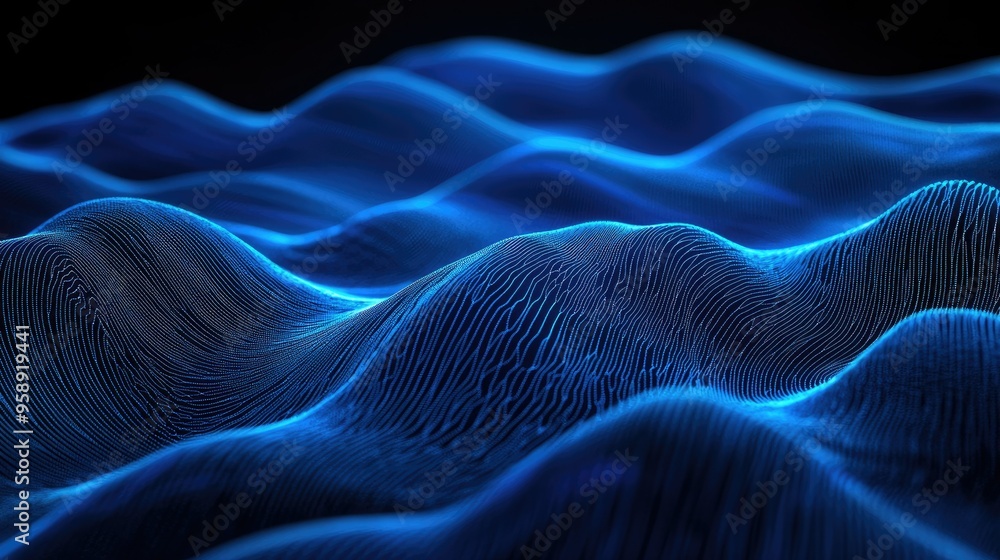 Poster blue horizontal particle lines creating a smooth, undulating 3d effect against a dark backdrop, capt