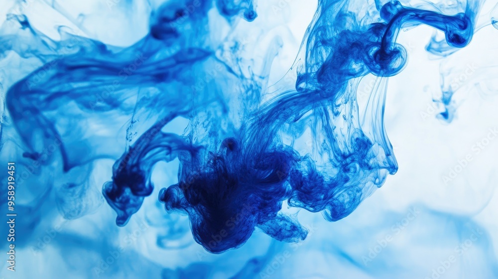 Poster blue ink dropping into clear water, creating swirling patterns and abstract shapes