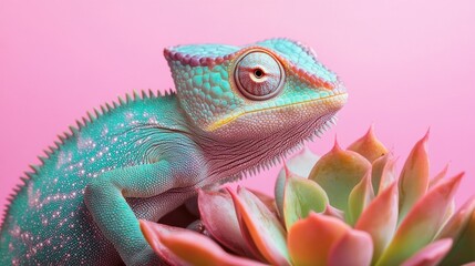 Fototapeta premium Closeup of a Chameleon on a Succulent