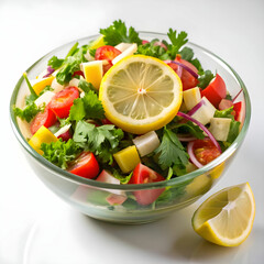 cold mangal salad with lemon slice with white background