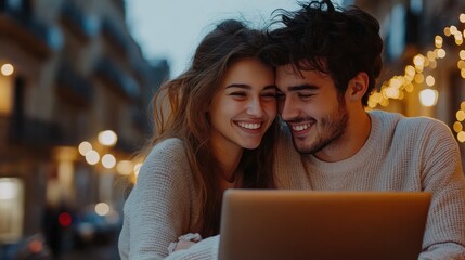 A couple is sitting on a couch and looking at a laptop