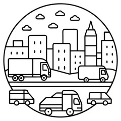 Busy city avenue with cars, trucks, and delivery vans,