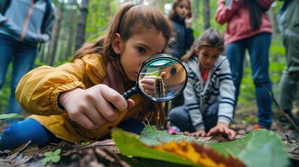 A young girl using a magnifying glass to examine a caterpillar on a leaf during a forest hike, with friends looking on in wonder.