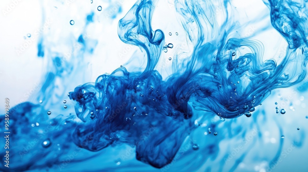 Poster blue ink dropping into clear water, creating swirling patterns and abstract shapes