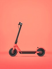 Modern electric scooter in coral pink on a pink background.
