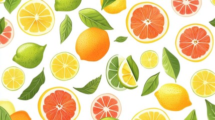 A bold fruit pattern featuring a mix of citrus fruits such as lemons, limes, and grapefruits, with bright, contrasting colors on a white background.