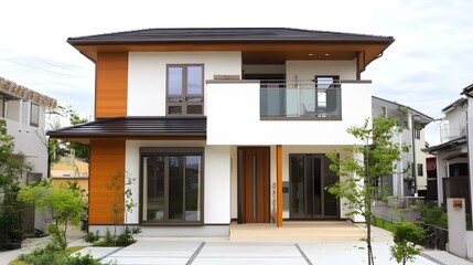 Obraz premium Modern Two Story House Exterior with Wooden Siding