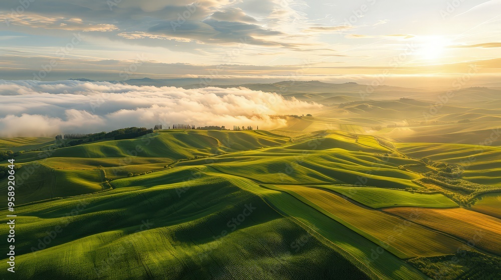 Poster a scenic view of vibrant green cornfields stretching across the undulating terrain of rolling hills,