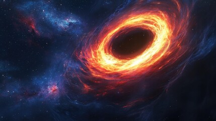 Obraz premium A vibrant depiction of a black hole surrounded by cosmic elements.