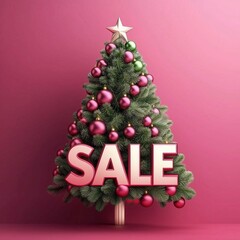 Christmas sale promotion with festive decorated tree and bold sale text in a pink and green holiday theme