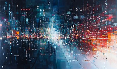Obraz premium Abstract cityscape with digital elements and a glowing light source.