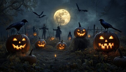 A spooky Halloween scene featuring carved pumpkins, crows, scarecrows, and a full moon in a misty graveyard.