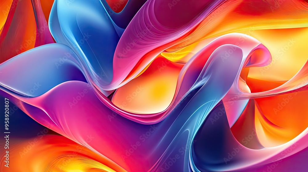 Poster bold and dynamic 3d fluid shapes in a colorful abstract design, with vibrant hues blending and flowi