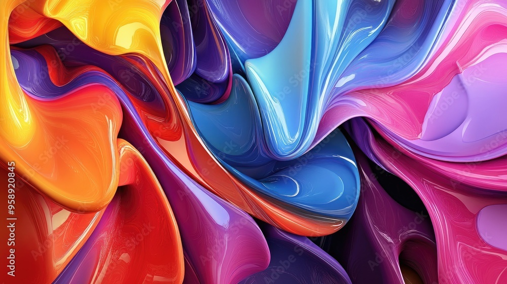 Poster bold and dynamic 3d fluid shapes in a colorful abstract design, with vibrant hues blending and flowi