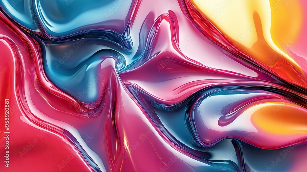 Poster bold and dynamic 3d fluid shapes in a colorful abstract design, with vibrant hues blending and flowi