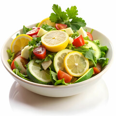 cold mangal salad with lemon slice with white background