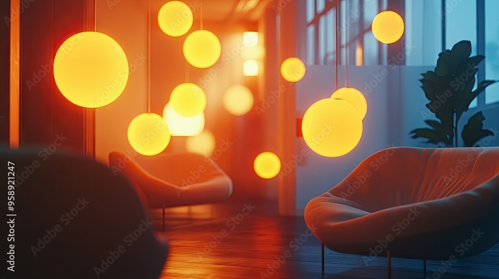 Poster bright and airy room with a group of luminous chat bubbles floating in mid-air, creating a sleek dig