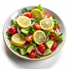 cold mangal salad with lemon slice with white background