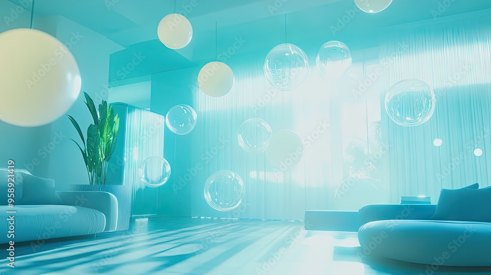 Poster bright and airy room with a group of luminous chat bubbles floating in mid-air, creating a sleek dig