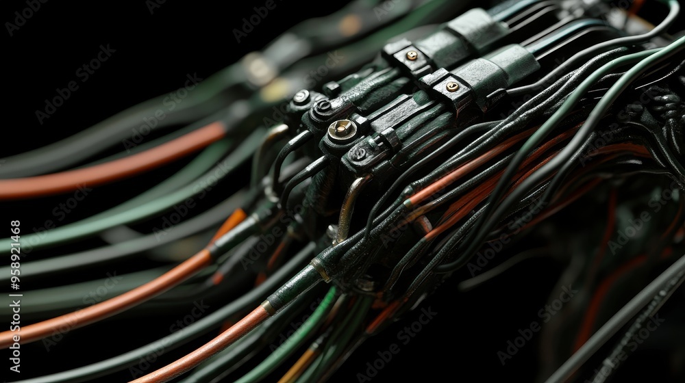 Poster a close-up view of interconnected wires and connectors, showcasing intricate details of electrical c