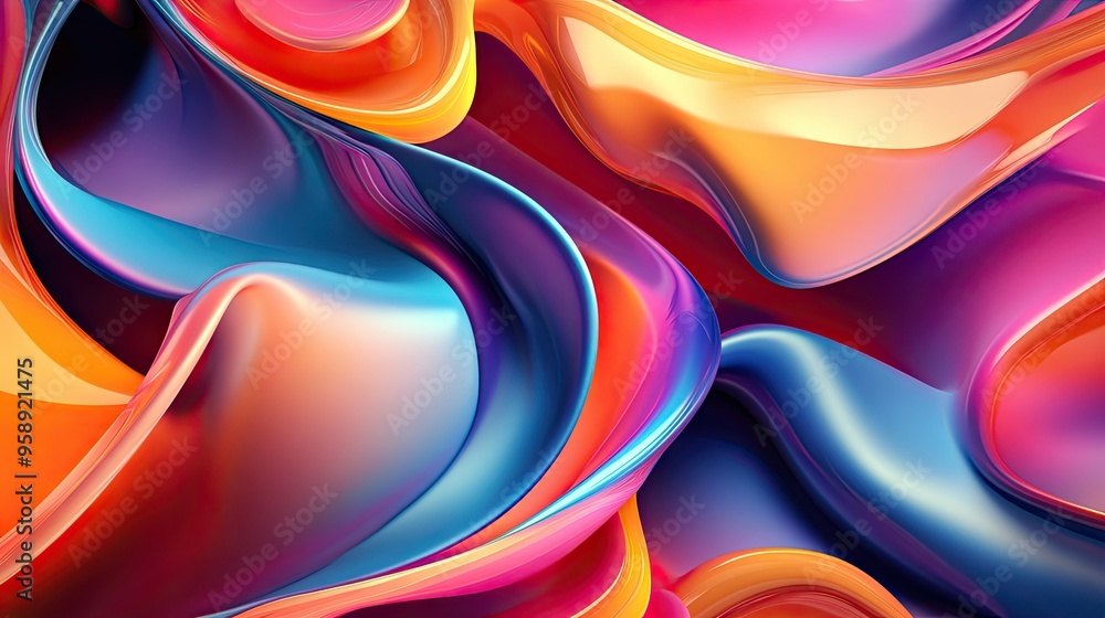Poster bright, fluid 3d shapes in swirling patterns, with a mix of warm and cool colors creating a balanced